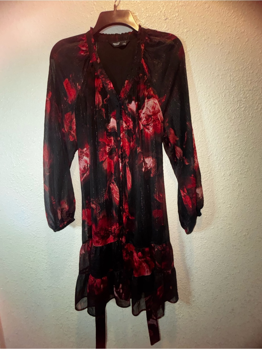 Simply Vera Vera Wang Black Red Floral Tie Waist Mini Dress L